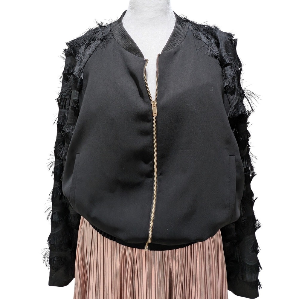 ZARA BASIC COLLECTION Black Bomber‎ Jacket Fringe Sleeves Gold Zip Front Medium